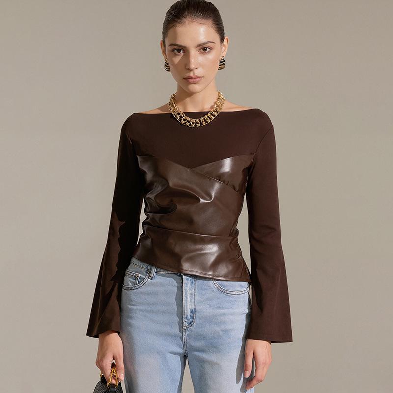 Autumn Bell Sleeve Faux Leather Patchwork Knit Top for Women