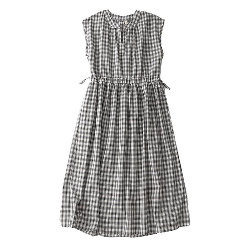 2026 Women's Black & White Plaid Drawstring V-Neck Cotton Sleeveless A-line Summer Dress