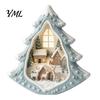 Christmas Tree Wooden Figurines Tabletop Decor with Warm LED Lights, 2D Printed Snow Village Scene Vintage Wood Displays Santa Reindeer Nutcracker