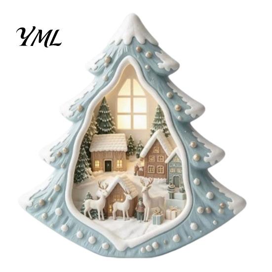 Christmas Tree Wooden Figurines Tabletop Decor with Warm LED Lights, 2D Printed Snow Village Scene Vintage Wood Displays Santa Reindeer Nutcracker