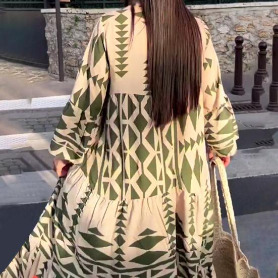 V-Ausschnitt Langarm Knöpfe Halbe Knopfleiste Plissee-Nähte Großer Saum Strandkleid Geometrisch