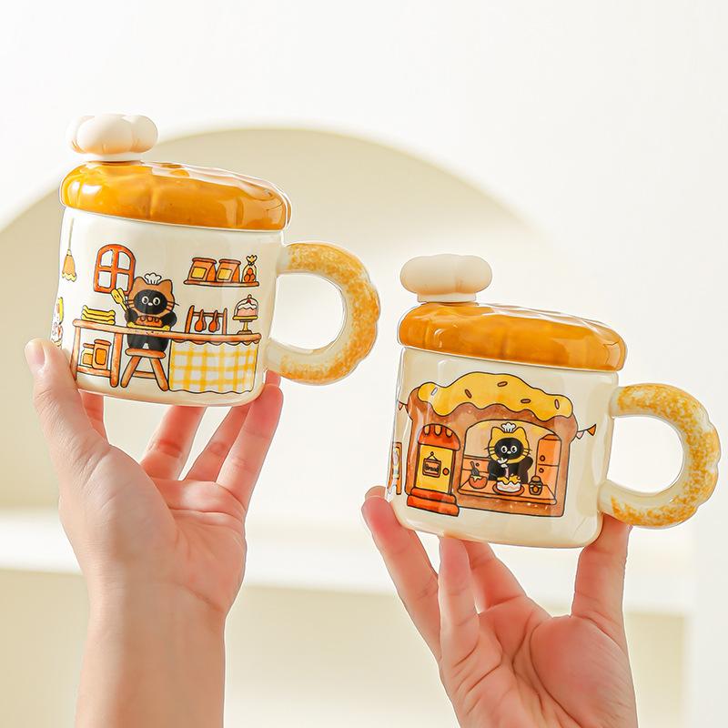 Korean Creative Bread Mug Cartoon Cat Ceramic Cup with Lid Household Water Cup Birthday Gift Souvenir