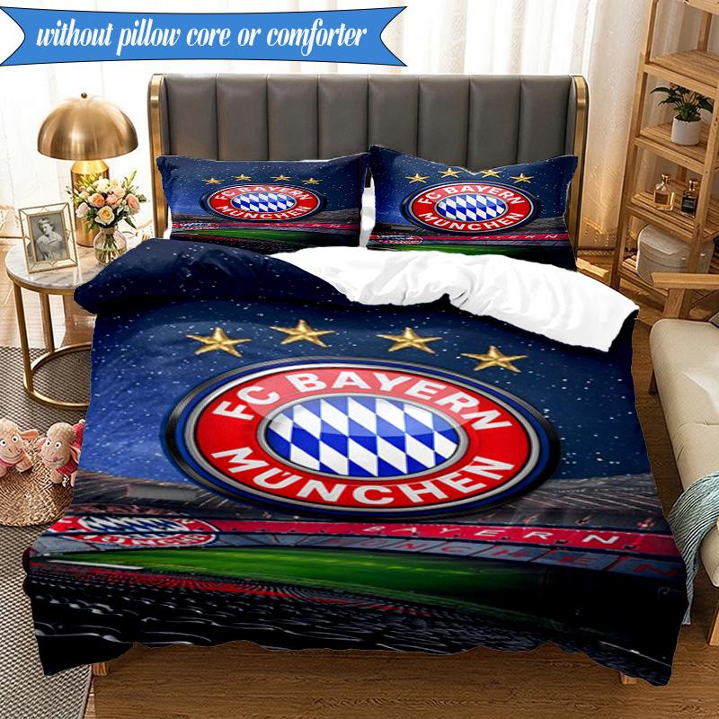 Zestaw pościeli miękkiej z nadrukiem FC Bayern München, 3 sztuki, w tym 1 poszewka na kołdrę i 2 poszewki na poduszki, idealny do sypialni, akademika, prezent dla fana