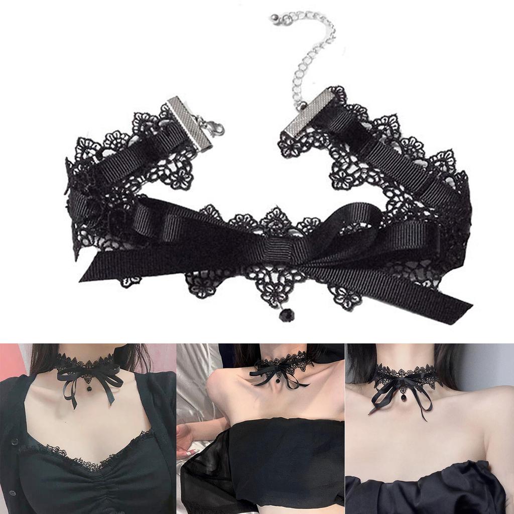 Schöne Schwarze Spitze Schleife Knoten Kragen Halskette Elegant Vintage Weiches Choker Band Halsketten Damen Schmuck Cosplay Geschenk