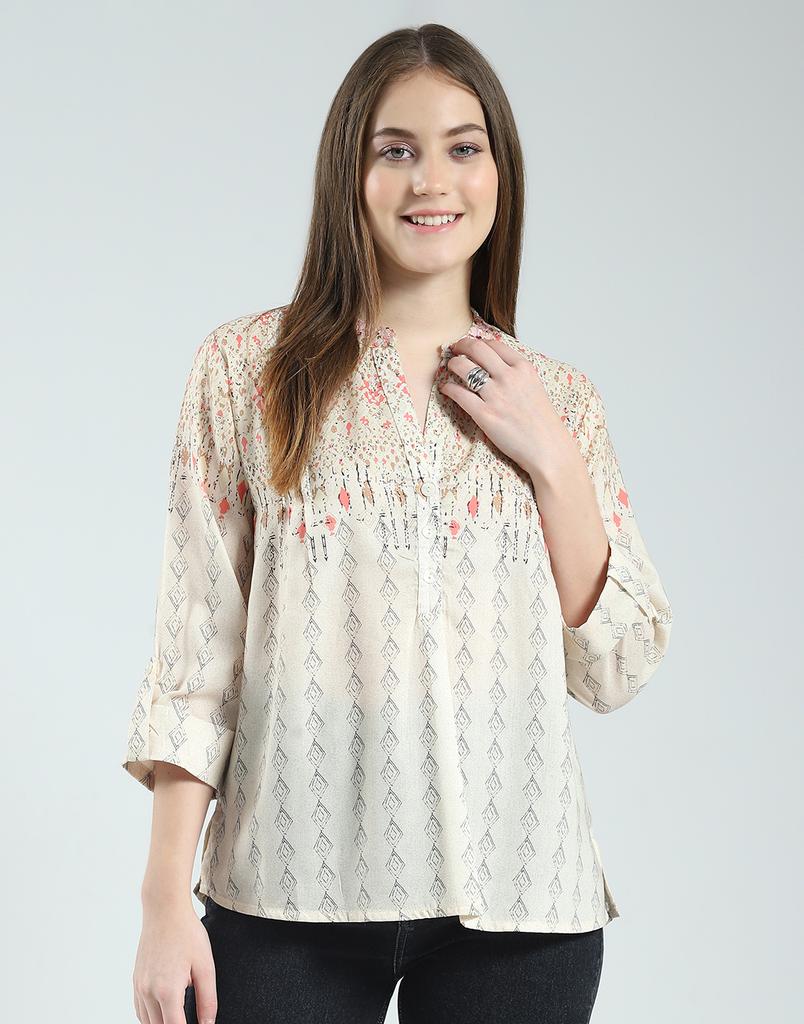 MONTE CARLO Womens Printed Band Neck 3/4 Sleeve Regular Fit Top