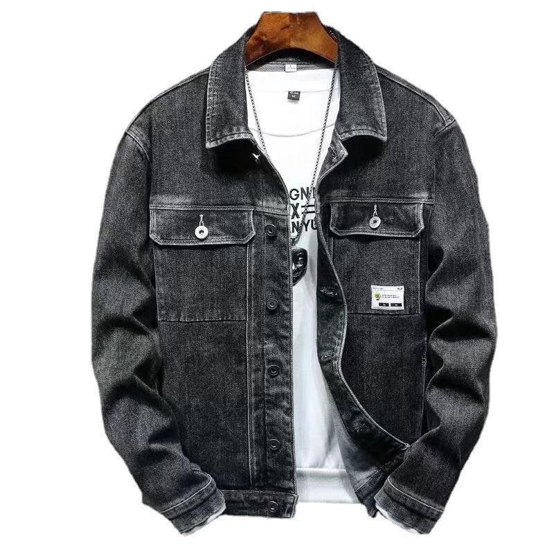 Tide Men's Denim Jacket - European & American Slim Fit, Turn-Down Collar, Black Spring/Autumn Casual Style