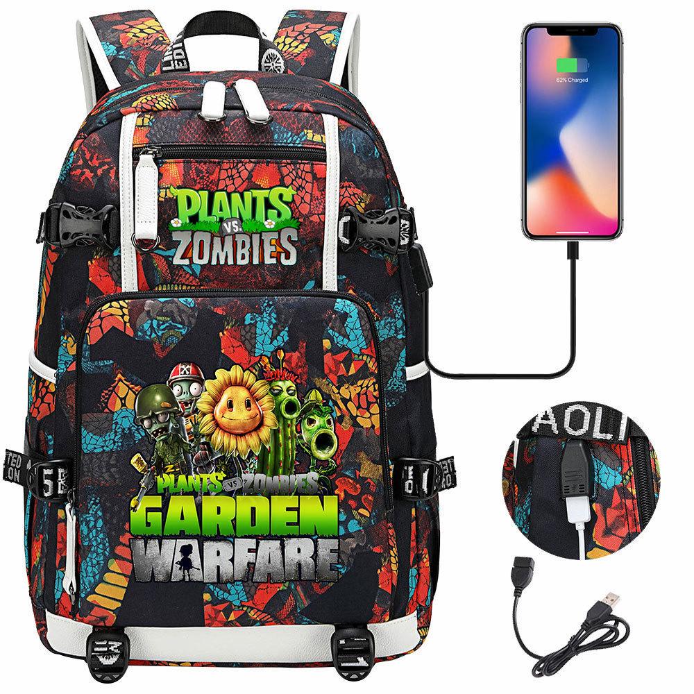 Plants vs USB Headphones Backpack for Teens Students Casual Travel Daypack Unisex Large Capacity Waterproof