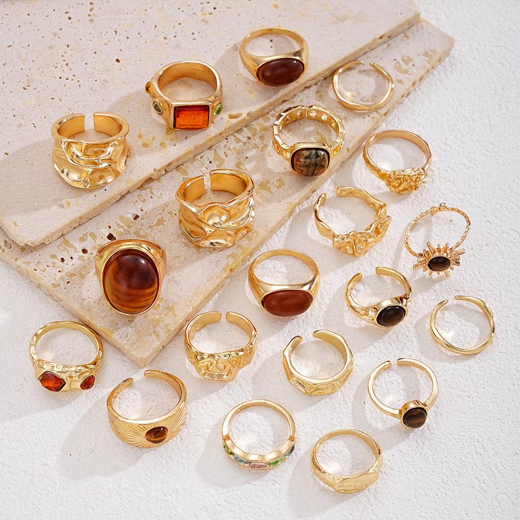 20Pcs/Set Punk Gold Color Sunflower Rings for Women Men Vintage Geometric Irregular Tiger Eye Stone Open Rings Set Jewelry Gifts