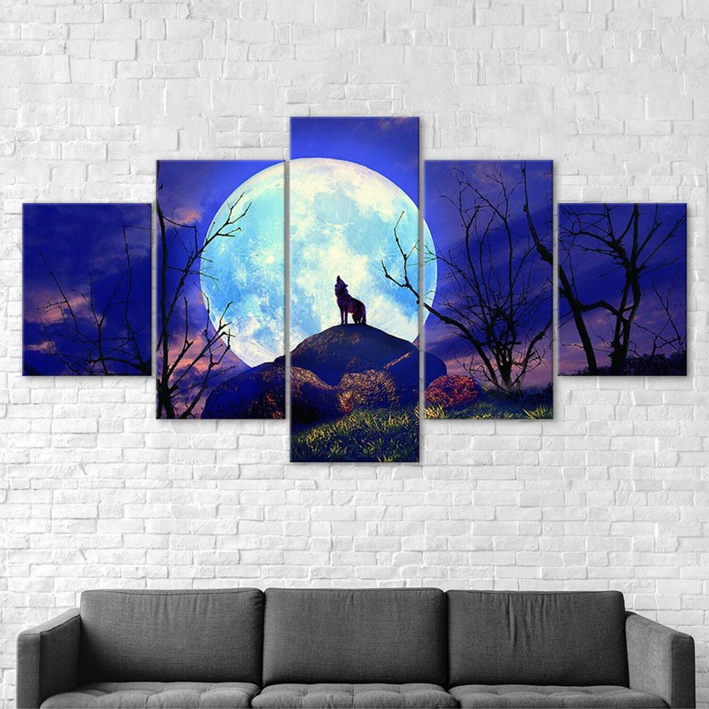 Full Moon Night Forest Animal Wolf 5 Piece Five Panel Wall Canvas Print Modern Poster Pictures Home Decor Gift For Him For Her