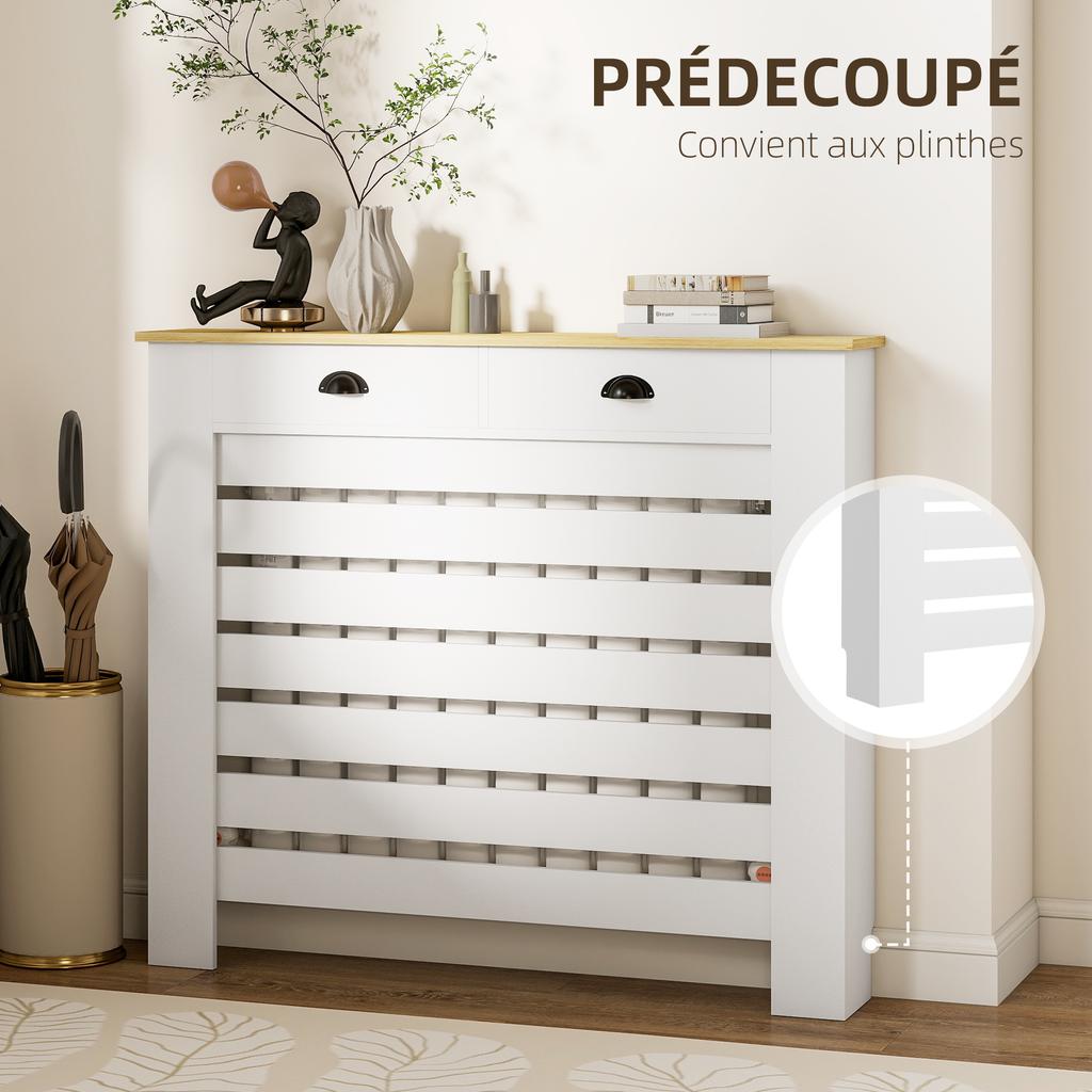 Radiator cover with horizontal slatted grille and 2 wooden drawers, 111W x 19D x 95.5H cm, white