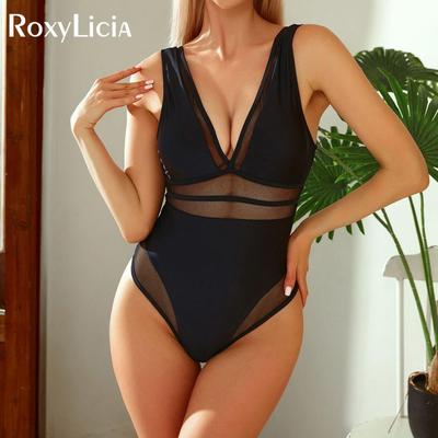 Costume da bagno donna sexy con scollo a V in maglia trasparente con taglio alto Costume intero da bagno femminile monokini imbottito costume da bagno da bagno