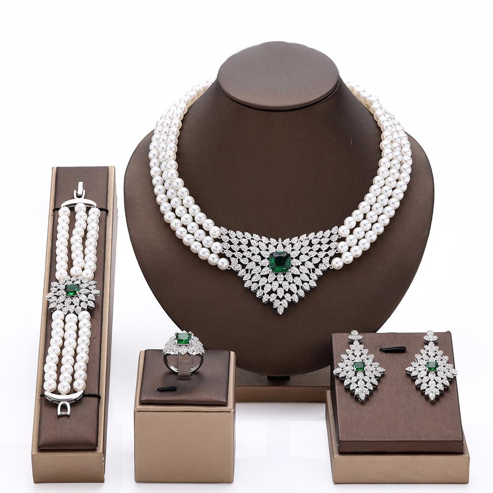 Luxury Full Diamond Pearl Necklace Earrings Set Wedding Banquet Exquisite Dress Accessories Bridal Accessories