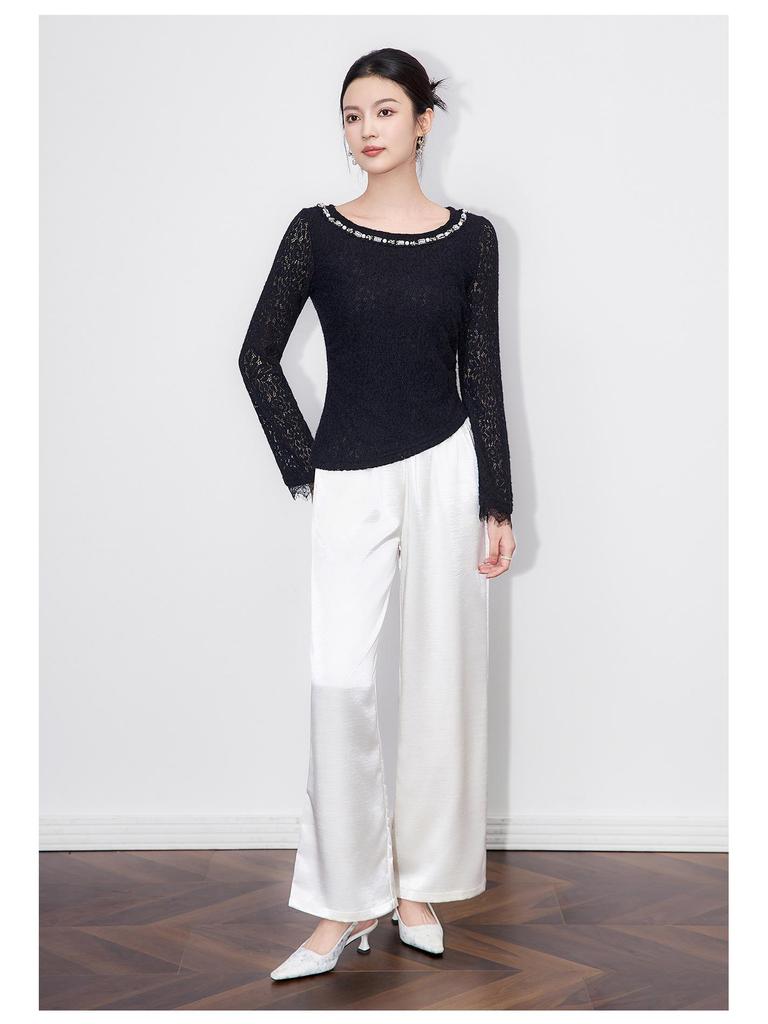 Nanyou Elegantes Französisches Ein-Schulter Perlen-Spitzen-T-Shirt