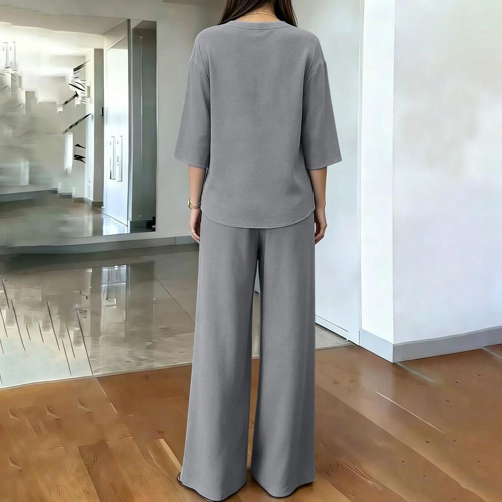 Women's Solid Color V Neck Half Three Quarter Sleeve Straight Leg Two Piece Set Spring Casual Outfit Comfortable Loose Fit