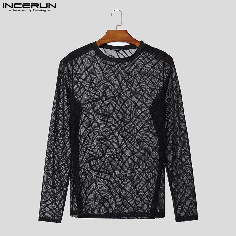 INCERUN Men Round Neck Long Sleeve Mesh Skinny Tops See Through T-shirts Undershirts