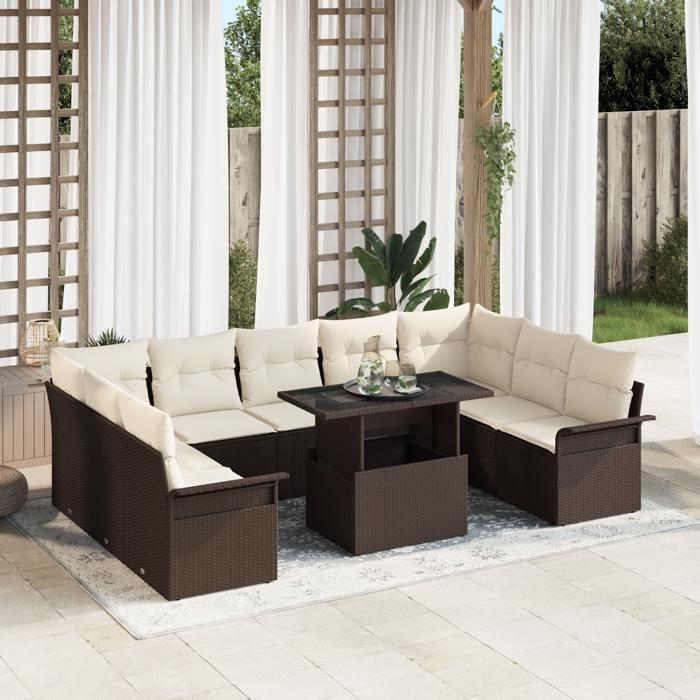 VidaXL Ensemble de Canapé de Jardin 10 Pièces avec Coussins Marron en Rotin Poly 3348344