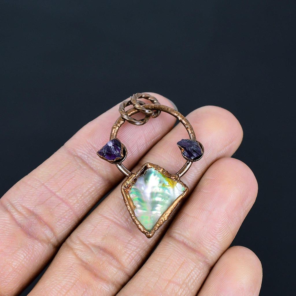Abalone Shell Pendant Gemstone Jewelry, Copper Electroformed Pendant, Gift For Women Handmade Pendant