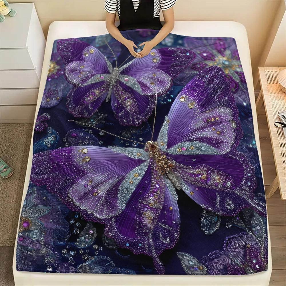 Purple Flower Butterfly  Print Flannel Blanket, High quality Comfortable for All Seasons, Home Decor, Warmth and Comfort