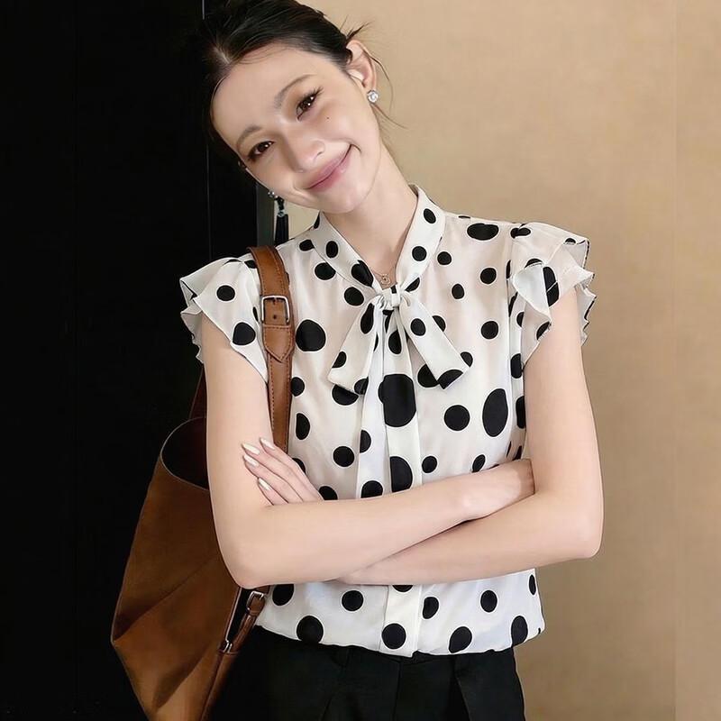 La Chapelle Women's Polka Dot Bow Chiffon Blouse