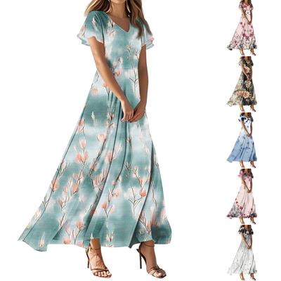 Damen Casual Mode Print Lange Kleider V-Ausschnitt Kurzarmkleider