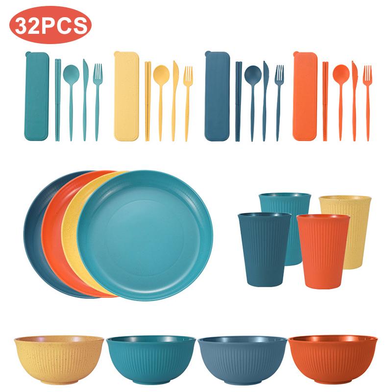 

32/36 шт. Набор столовых приборов из пшеничной соломы, ложка, вилка, палочки для еды, столовая посуда, чашка для пикника, похода, миска, тарелка, набор столовых приборов, кухонные принадлежности