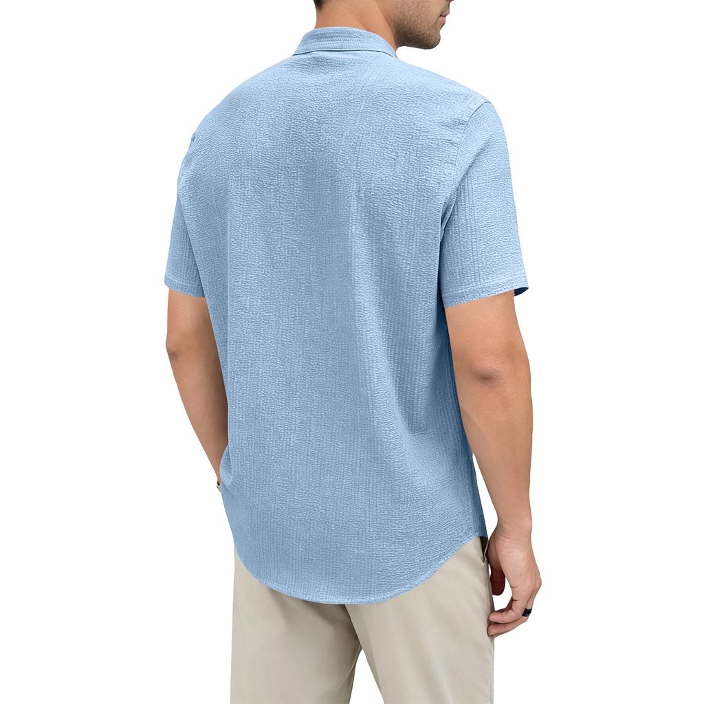 Men's Casual Loose Fit Short Sleeve Shirt Stand Collar Button Front Lightweight Summer Top