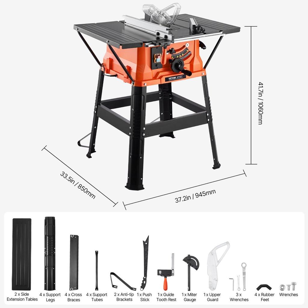 Table Saw with Stand, 1800 W Portable Compact Tablesaw, 254 MM Saw Blade O.D, 200 MM Max. Cutting Capacity, 4800 RPM Cutting Speed, With 24-tooth Saw