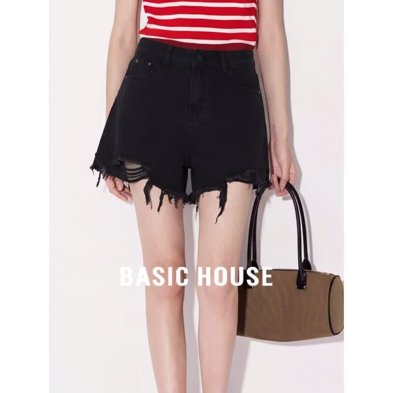Basic House Women s Ripped High-Waist A-Line Denim Shorts 3XL