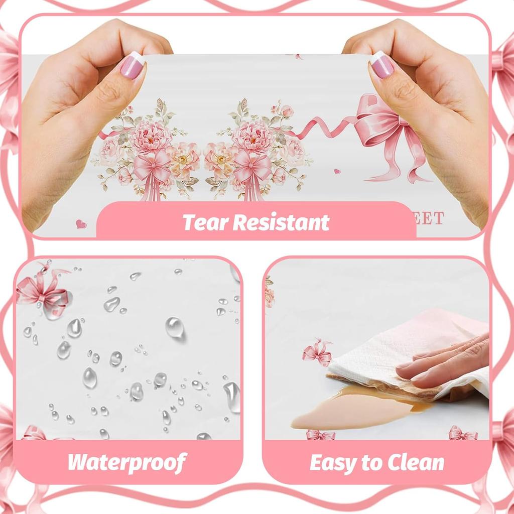 MEHOFOND 3 Pcs Pink Bow Baby Shower Table Cloth, Floral Coquette Sweet Girl Baby Shower Party Disposable Tablecloths Decorations, 108 x 54 Inch