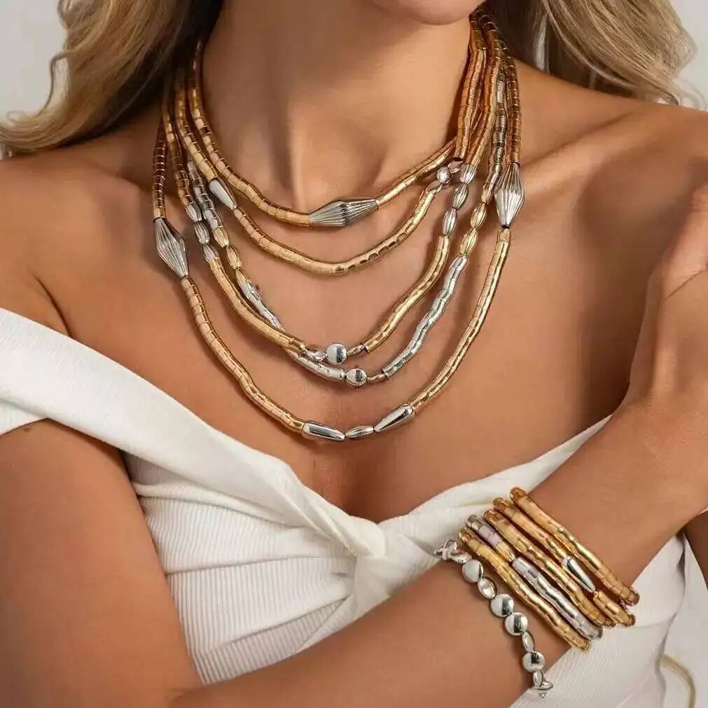 SHIXIN Punk Creative MultiLayer Hand-Woven Necklace Bracelet Set Women Gold Silver Color Stacking CCB Beads Chain Trendy Jewelry