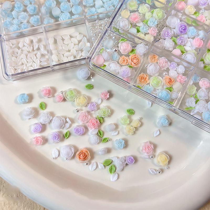 6/12 Grids 3D Camellia Rose Flower Nail Art Charms Mixed Floral Butterfly Pearl Nails Decor For Diy Crafts Manicure Accessory
