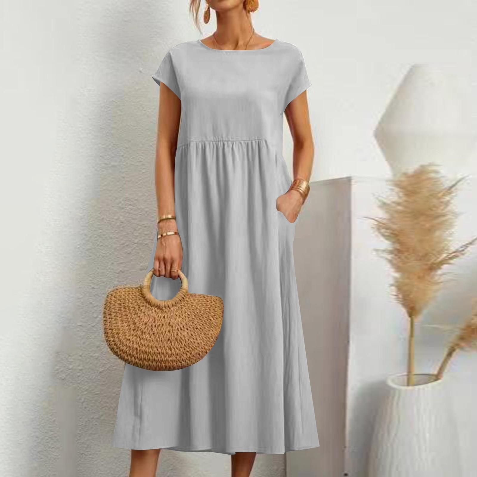 

Женское однотонное платье с коротким рукавом, свободного кроя, из хлопка и льна, с карманами L