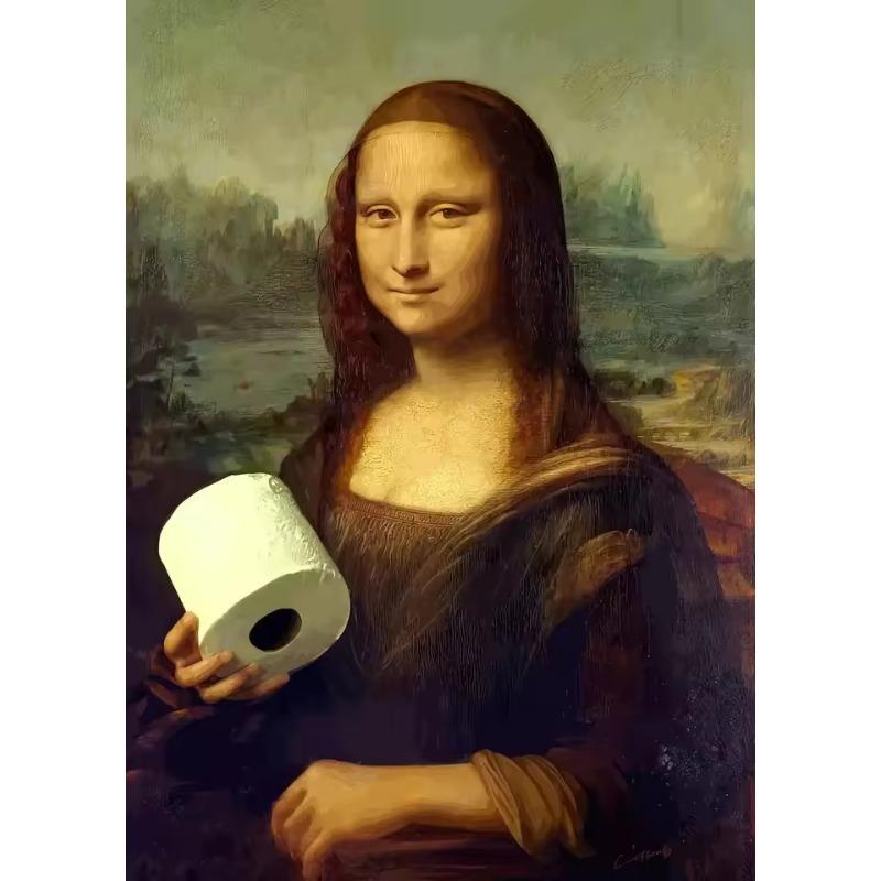 Funny Bathroom Toilet Canvas Painting Mona Lisa Wearing Pearls Girl with Roll Paper Canvas Poster and Prints Posters Home Decor