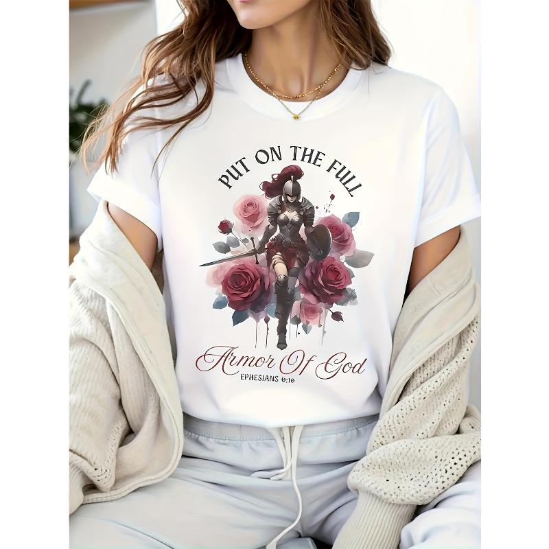 Women S Put On The Full Armor of God Christian T-Shirt | Knight & Roses Design with Ephesians Bible Verse, Soft Breathable, S белый