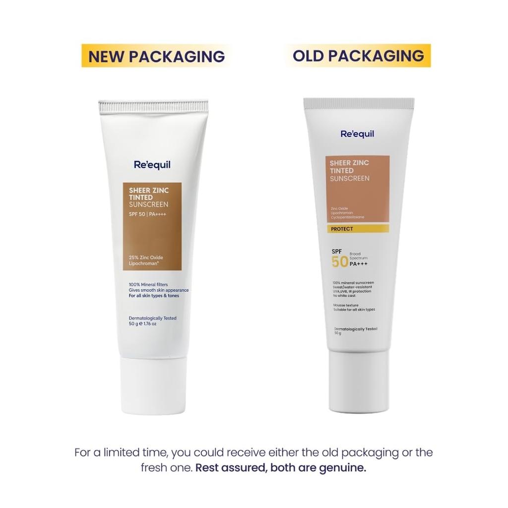 RE' EQUIL Sheer Zinc Tinted Sunscreen, 100% Mineral-Based Sunscreen UVA, UBV, & IR Protection, Water Resistant With SPF 50 PA+++ For All Skin Typ