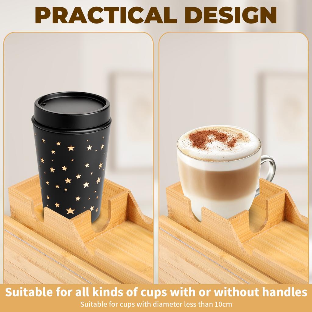 Bamboo Couch Cup Holder with Side Storage Pocket Versatile Couch Arm Tray Organizer Non Slip Practical Sofa Armrest Tray Table