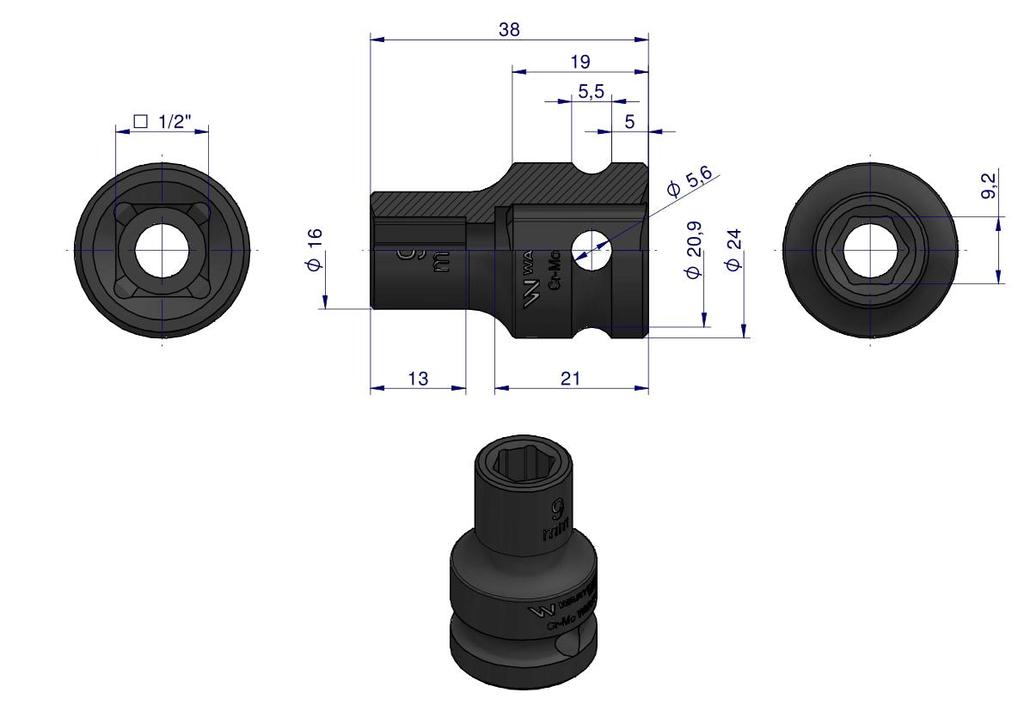 Hexagonal Impact Socket 1/2". 9 . CrMo. DIN 3129. Waryński