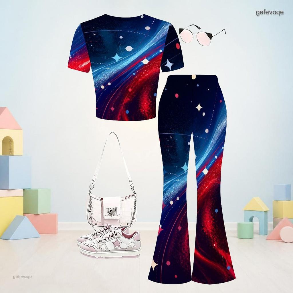 Girls Round Neck Short Sleeve Dark Blue Printed Top Flared Pants Two Piece Set