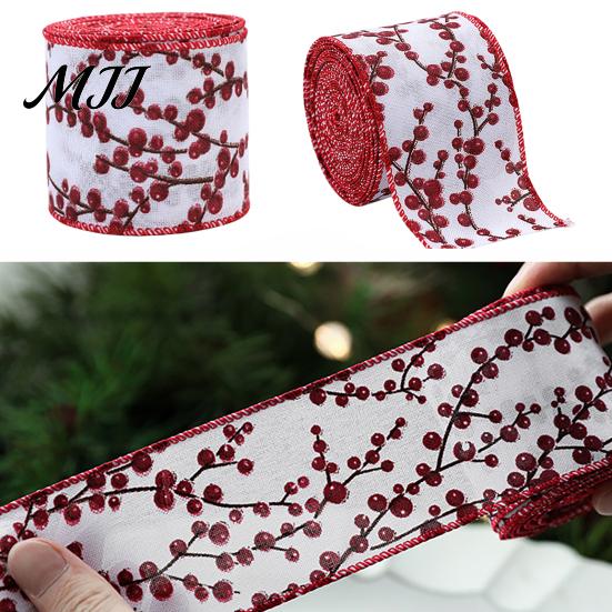 Holiday Theme Fabric Ribbon Christmas Red Berry Ribbon, 2.2 Yards Imitation Linen 2.5 Inch Wide Wired Edge for Bows Gift Box Packaging DIY Wreath Tree