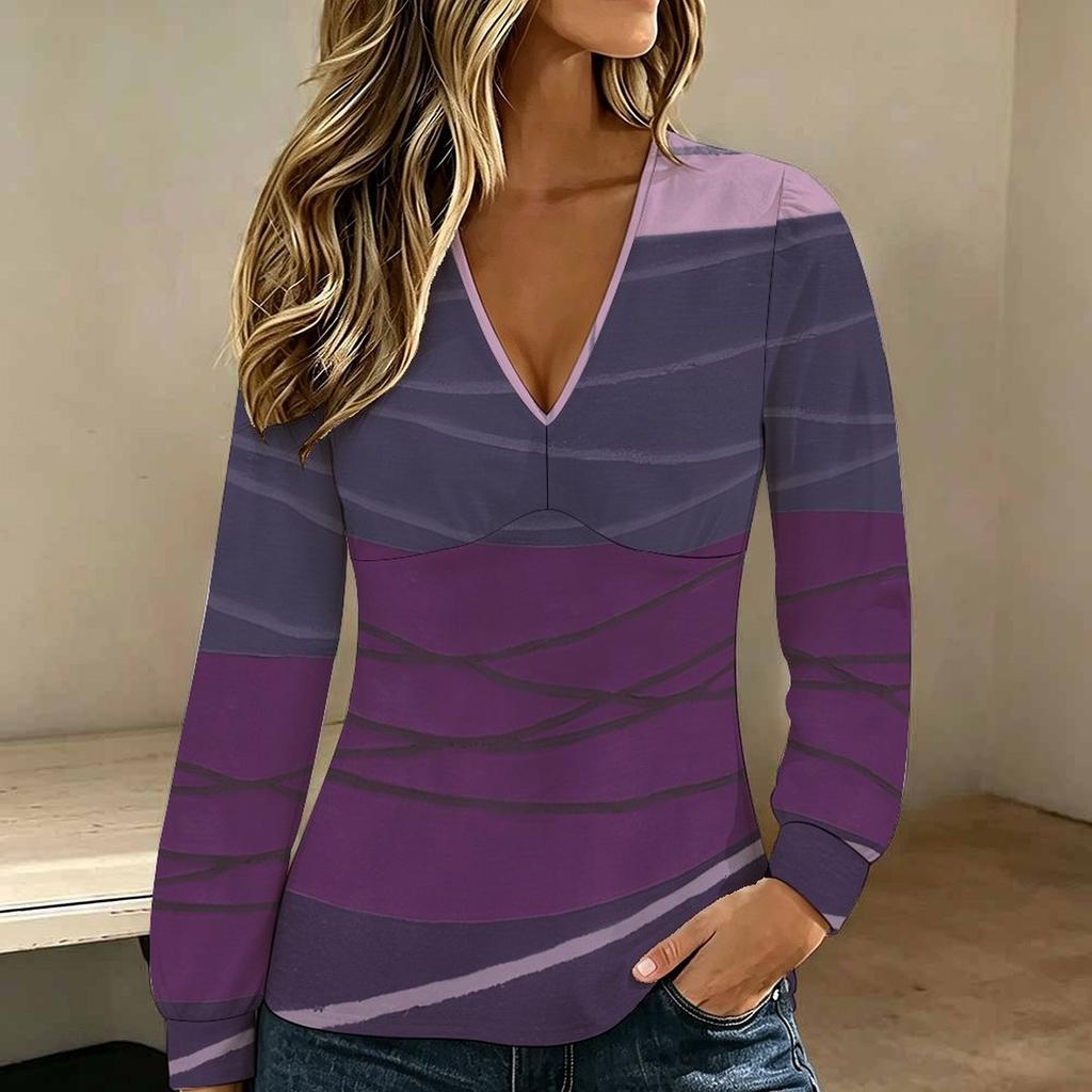 Plus Size Women V Neck Lantern Long Sleeve Top Color Block Print Slim Fit Casual Blouse