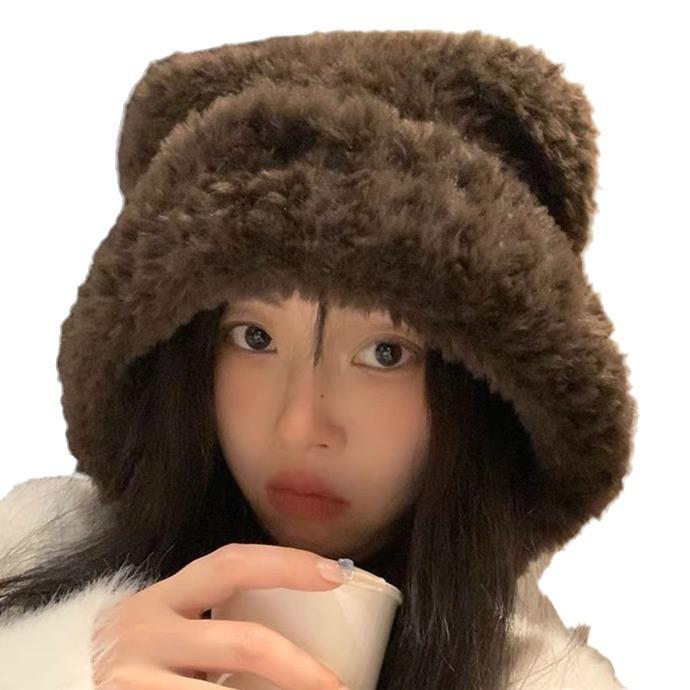 Korean Version Of Cute Bear Plush Hat Women'S Autumn And Winter Warm Big Head Circumference Ear Protection Wool Hat Knitted Hat Shows Small Face