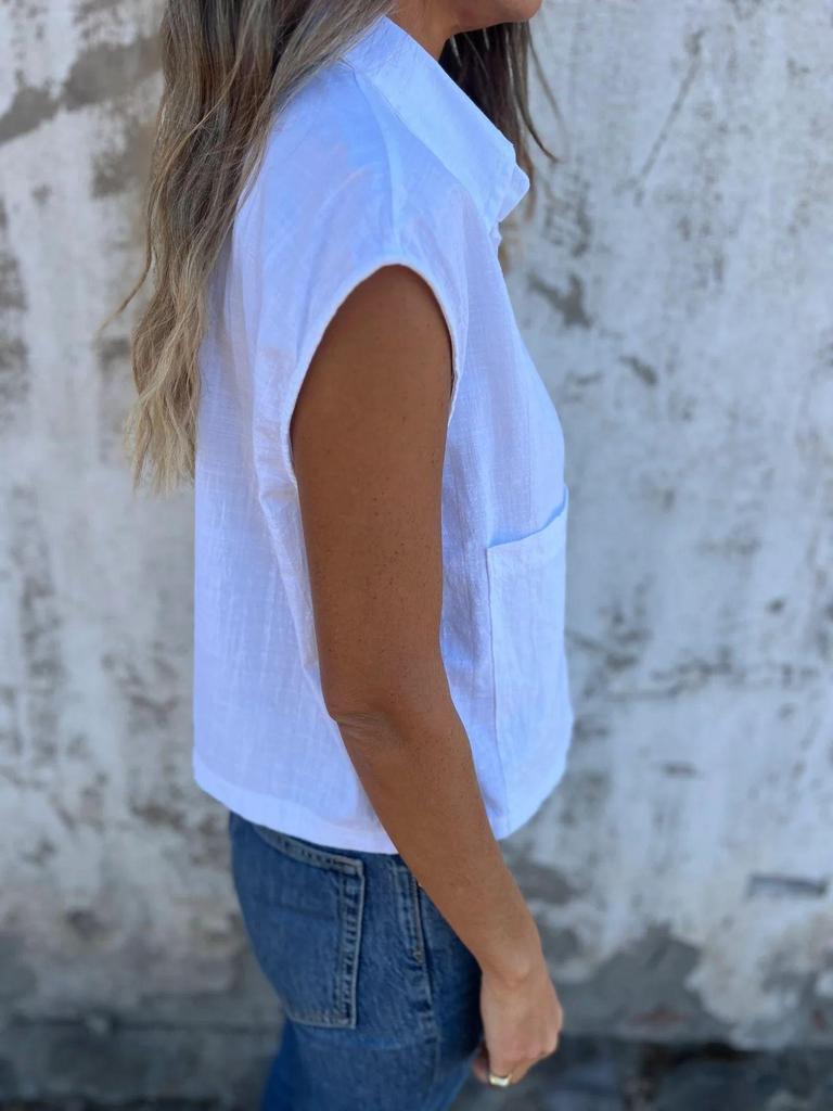 Women's Casual Summer Cotton Linen Short-Sleeve Button Pocket Shirt