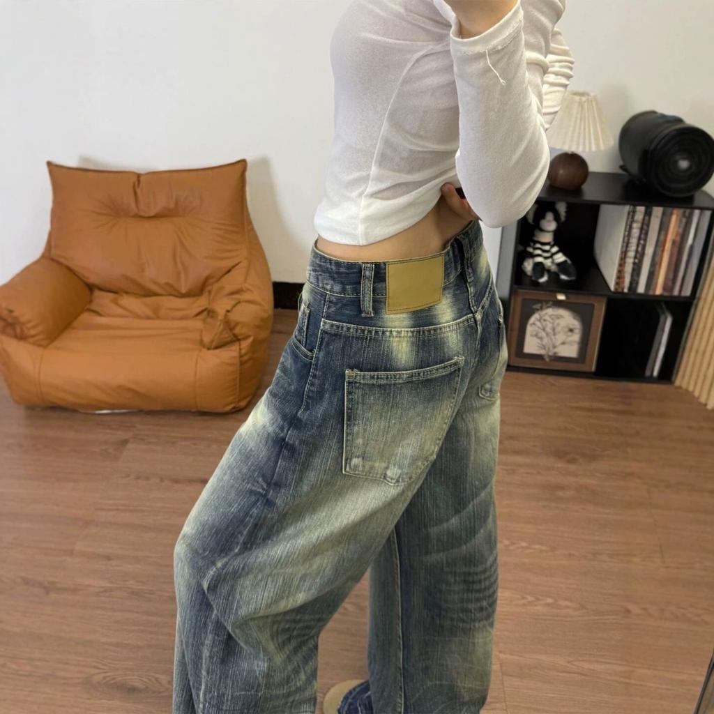 Damen Vintage Gewaschen Baggy Weite Beine Jeans Locker Gerade Denim Hose Streetwear