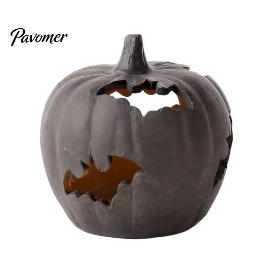 Unique Halloween Party Favors Pumpkin Resin Figurine, Bat Hollow Out Lantern with Creepy Fireplace Accents Warm Light, Spooky Indoor Outdoor