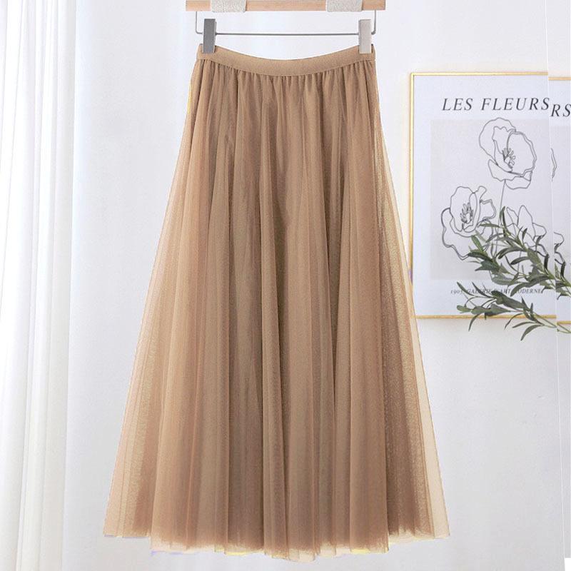 Qooth Women's Slim Skirt Mid Length Gauze Skirt Summer Simple Casual Skirt Fashion Full Dance Skirt QT2588