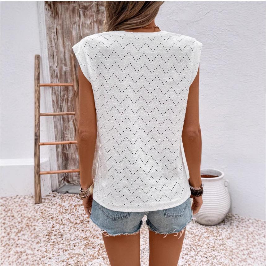 Ladies Summer Cap Sleeve O Neck Hollow Wave Striped Solid Color Pullover T Shirt Top
