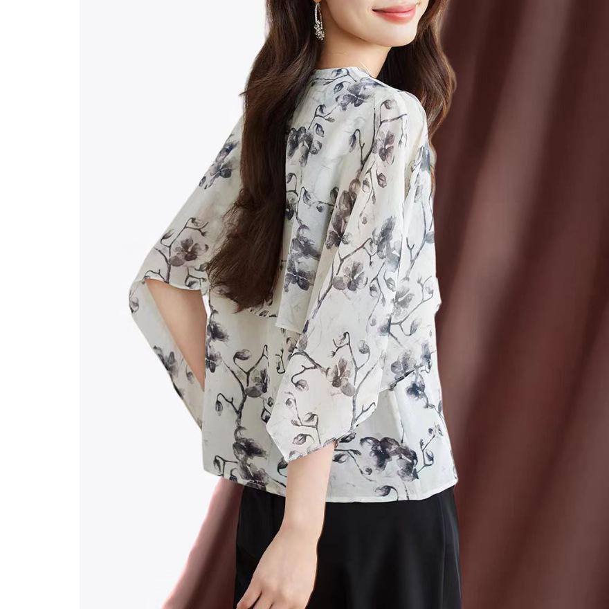 Summer New Round Neck Printed Silk Short-sleeved T-shirt Women's Mulberry Silk Design Loose Top Thin
