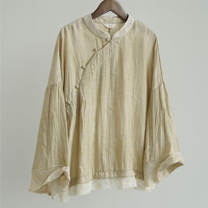 Johnature Women Vintage Shirts Tops Stand Long Sleeve Patchwork Color Blouses Spring Loose Shirts