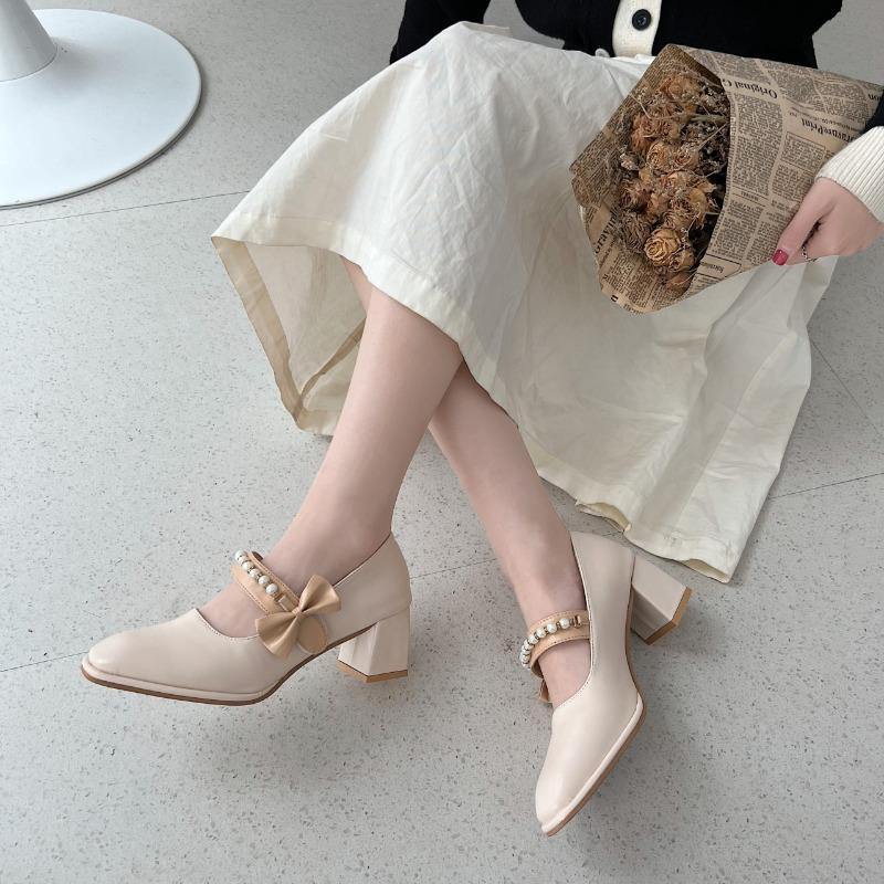 Fashion Ladies Summer Footwear on Heeled Pumps Shoes for Women 2025 with Straps Cute Square Heels Bow High Mary Jane Offer