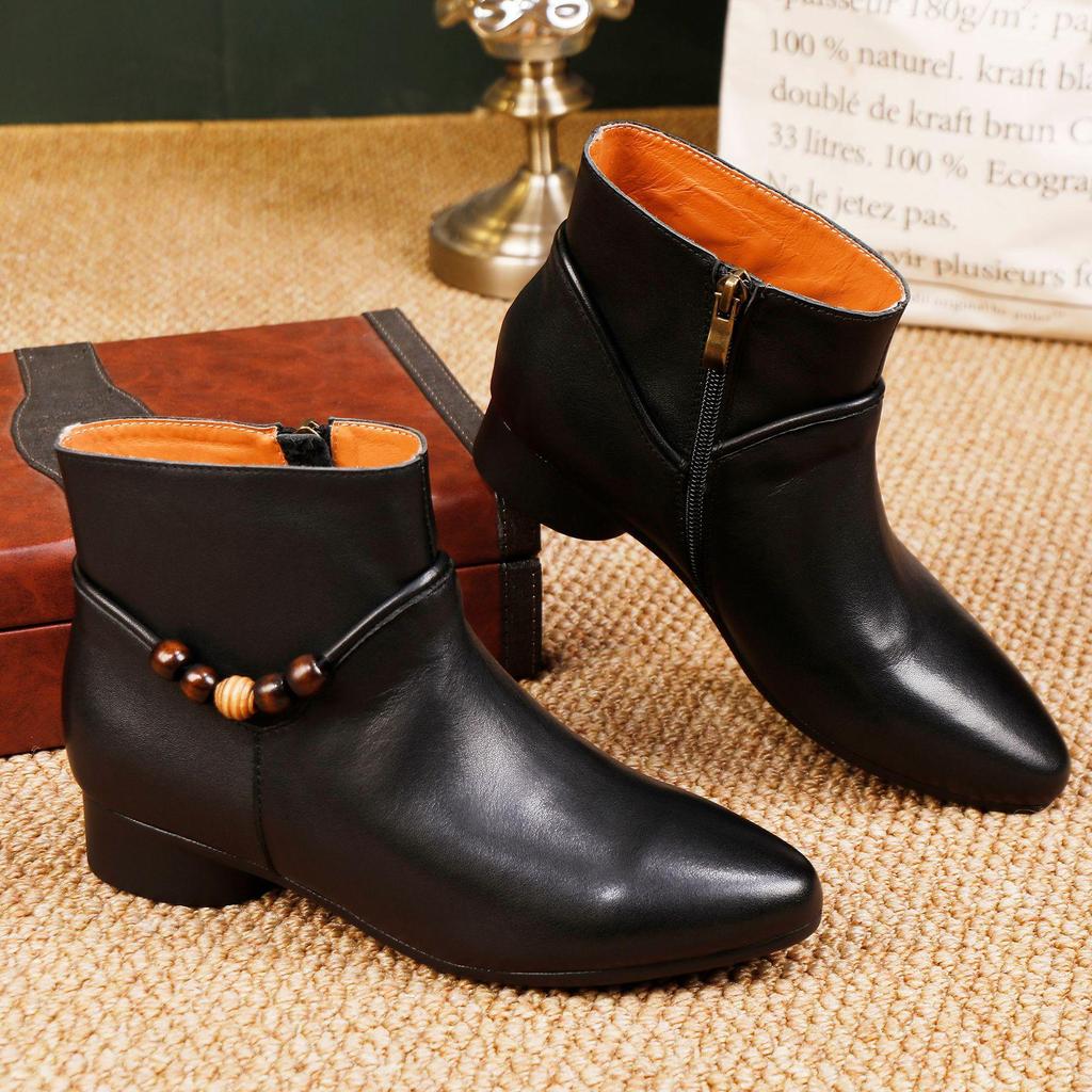Women's 2025 Retro Low-Heel Pointed Toe Ankle Boots: High-Quality Full Leather Inside & Out, Autumn/Winter Fashion.